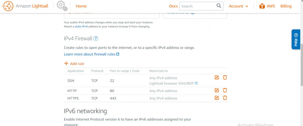 AWS networking tab